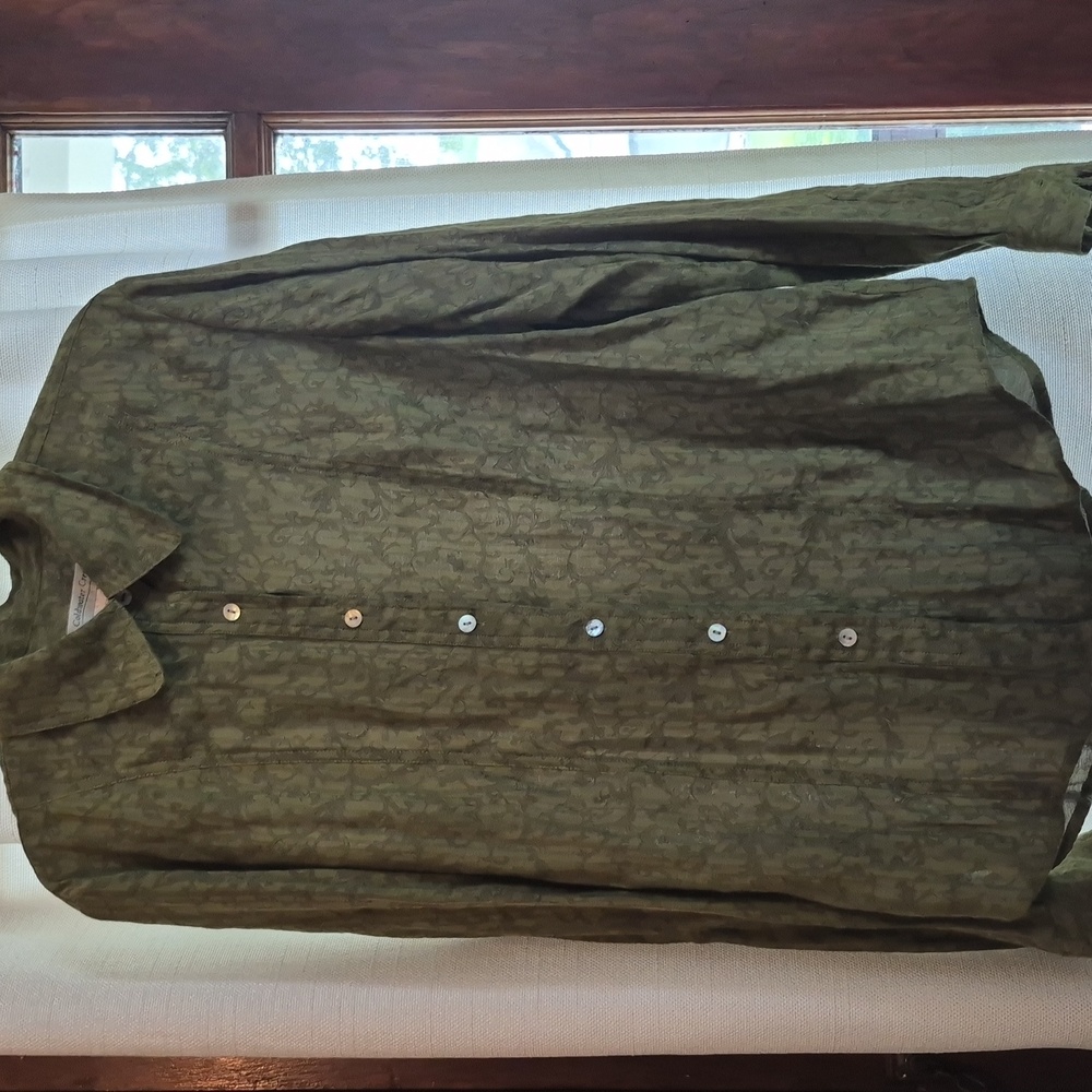Coldwater Creek Women’s Sz L Long Sleeve Viscose Blend Blouse Semi Sheer Olive